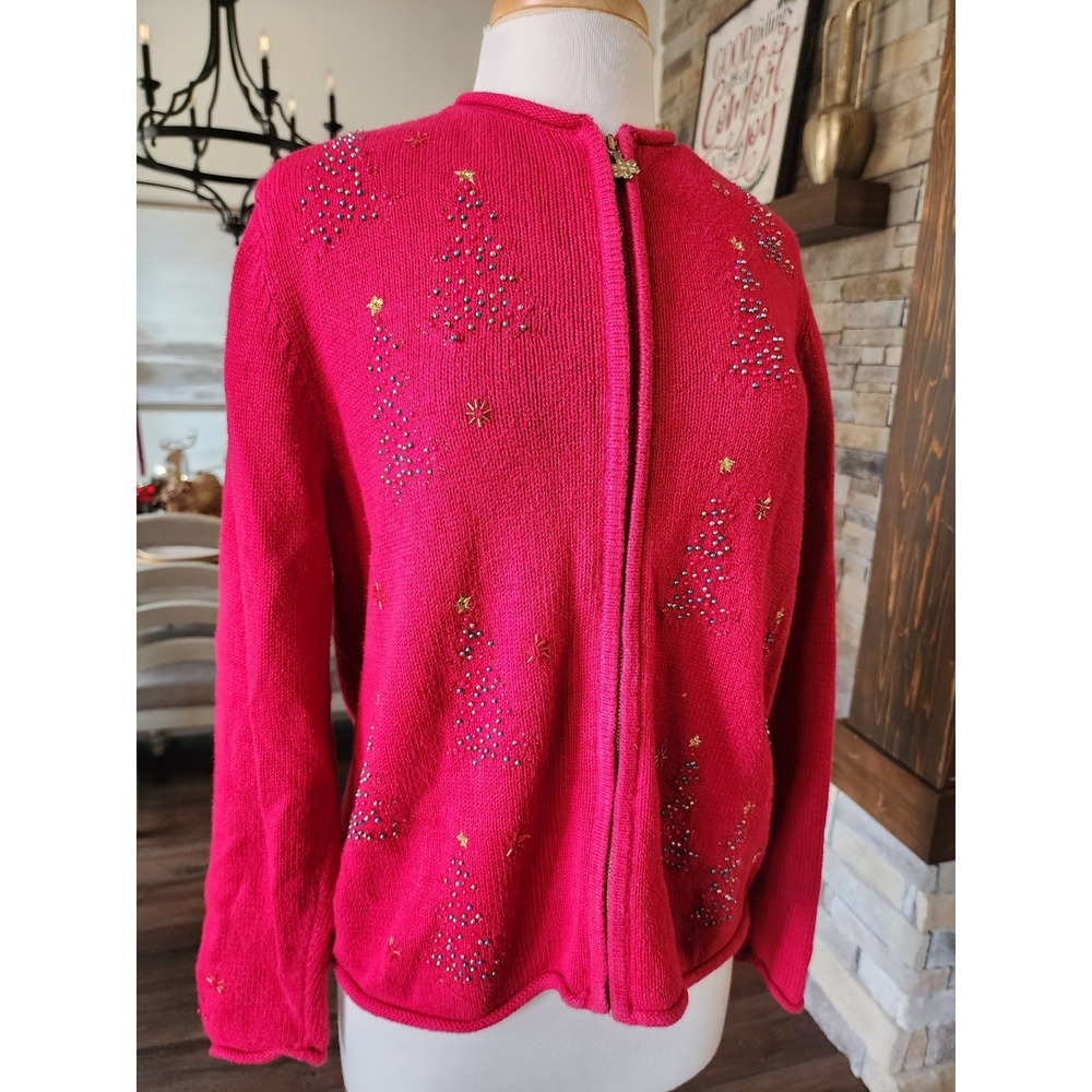 Croft & Barrow Women's Red Beaded Christmas Tree Zip Up Cardigan Sweater Size M